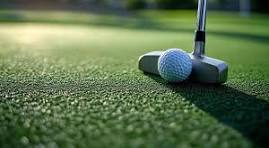 Putter and golf ball on synthetic putting green turf